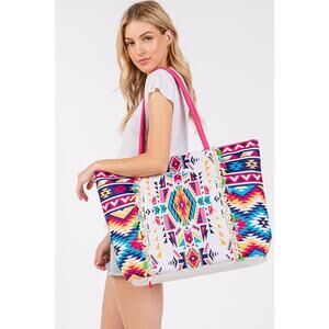 Boho Pattern Print Multi Color Tassels Summer Tote Beach Bag